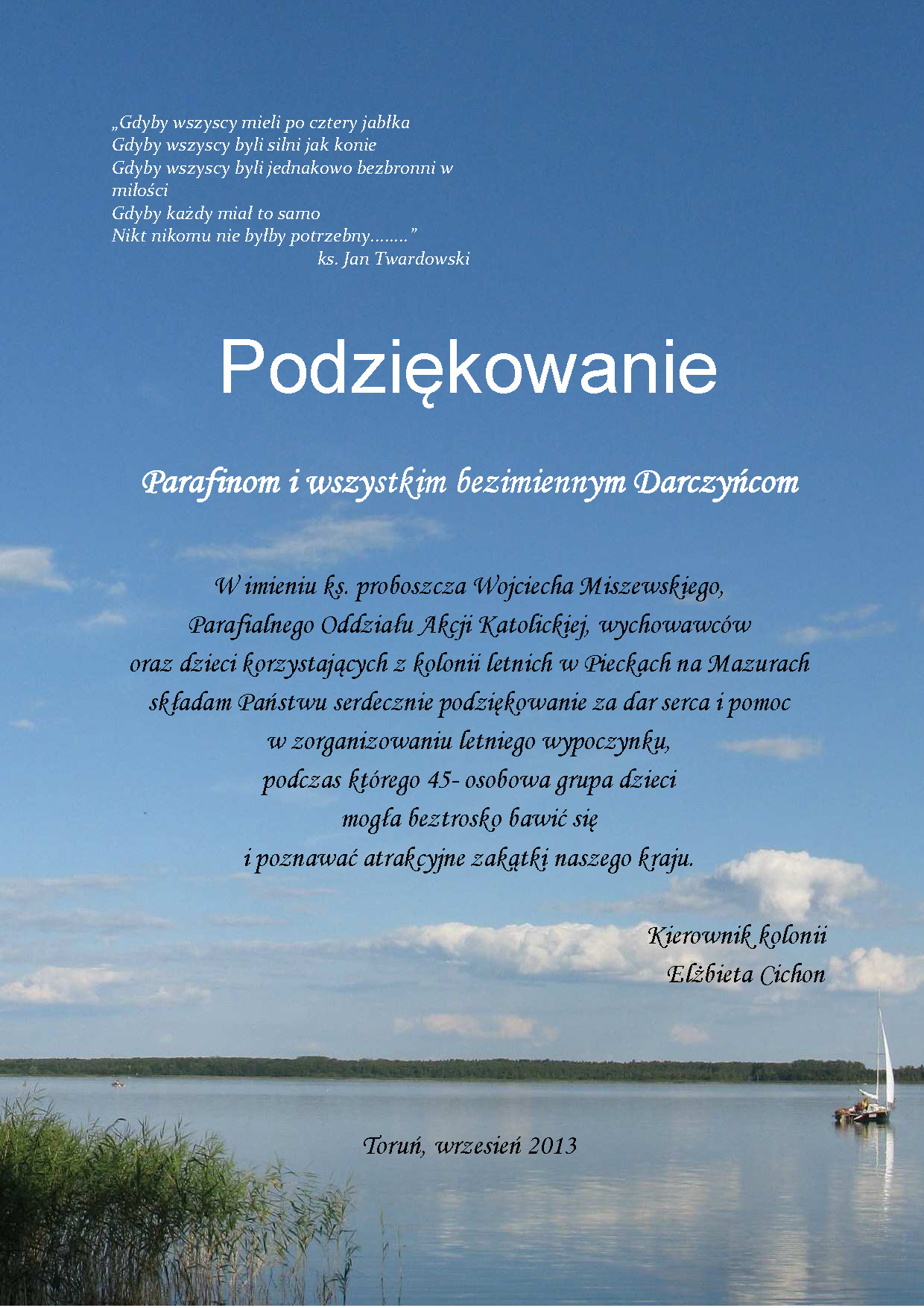 Podziękowanie Parafinom i wszystkim bezimiennym Darczyńcom